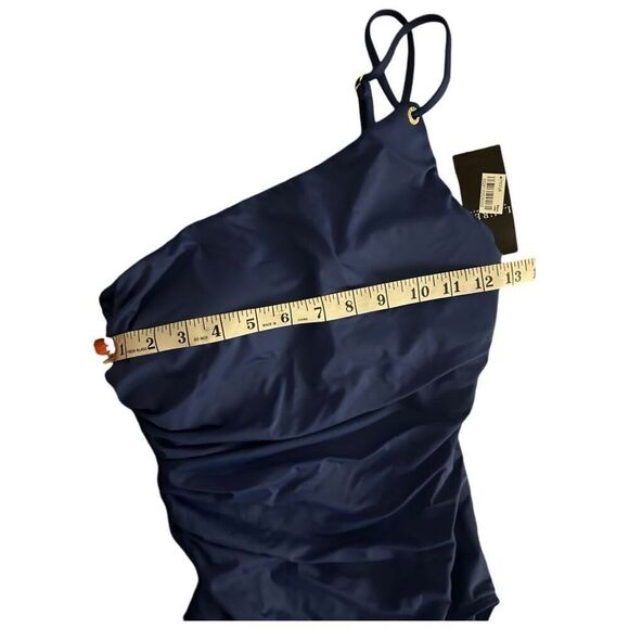 Lauren Ralph Lauren Navy Blue Ruched Asymmetrical One Piece Swim suit Size 8 - Picture 3 of 8